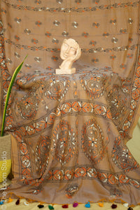 Kalaakaari Pure Mul Cotton Orange Kantha Hand Embroidered Saree