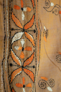 Kalaakaari Pure Mul Cotton Orange Kantha Hand Embroidered Saree