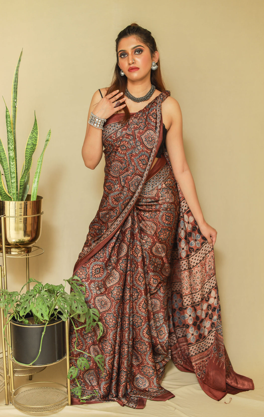 'Karigari' Handcrafted Ajrakh Modal Silk Saree