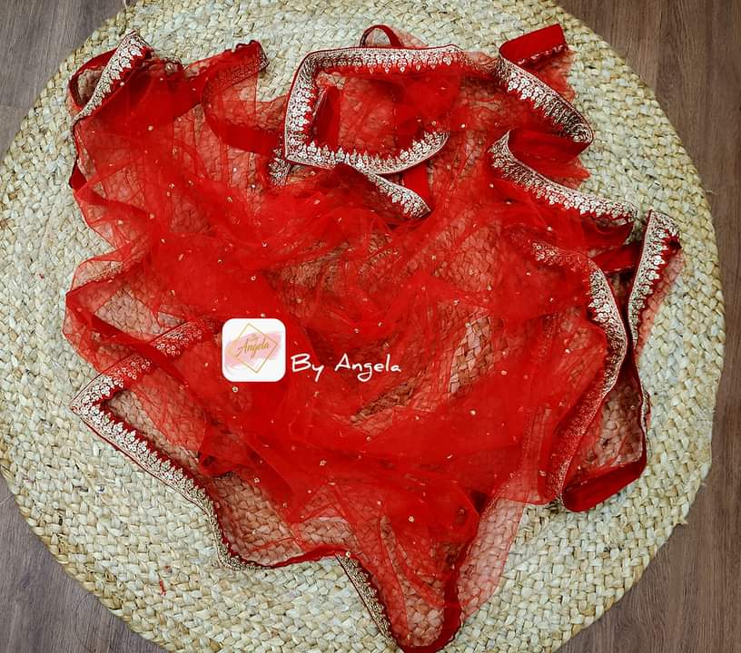 Scalloped border hand embroidered veil-  Blood Red