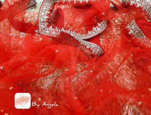 Scalloped border hand embroidered veil-  Blood Red