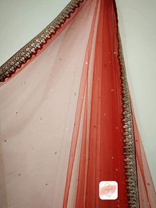 Scalloped border hand embroidered veil-  Blood Red
