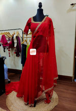 Load image into Gallery viewer, Organza saree with scallop embroidery borders paired with scallop neckline blouse- Blood Red
