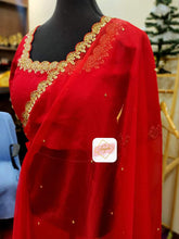Load image into Gallery viewer, Organza saree with scallop embroidery borders paired with scallop neckline blouse- Blood Red
