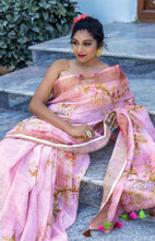 Load image into Gallery viewer, Peach Sorbet Pure Handwoven Linen Floral Printed Saree
