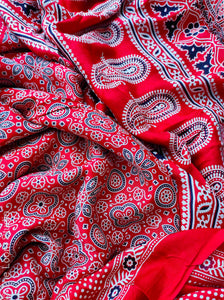 Scarlet Serenade Ajrakh Prints Zari Pallu Modal Silk Saree