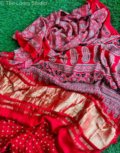 Load image into Gallery viewer, Scarlet Serenade Ajrakh Prints Zari Pallu Modal Silk Saree
