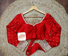 Load image into Gallery viewer, Full sleeve embroidered blouse with back bow- Blood red
