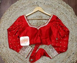 Full sleeve embroidered blouse with back bow- Blood red
