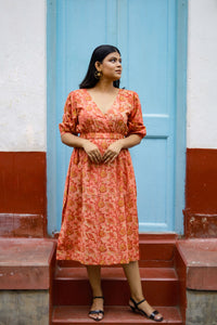 Arohi- V Neck Puffed Sleeve Cotton Dress