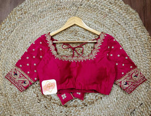 Scalloped neckline minimal embroidered blouse- Rani Pink