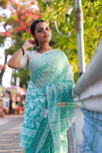 Pure Cotton Dhakai Jamdani - White over Sea green