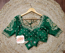 Load image into Gallery viewer, Scalloped neck bridal blouse with heavy zardozi embroidery work-  Emerald Green
