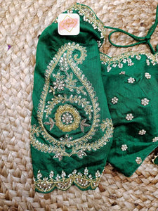 Scalloped neck bridal blouse with heavy zardozi embroidery work-  Emerald Green