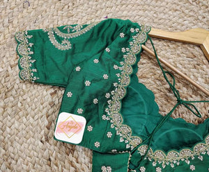 Scalloped neck bridal blouse with heavy zardozi embroidery work-  Emerald Green