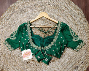 Scalloped neck bridal blouse with heavy zardozi embroidery work-  Emerald Green