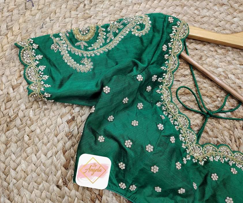 Scalloped neck bridal blouse with heavy zardozi embroidery work-  Emerald Green