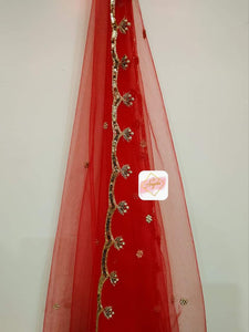 Hand embroidered veil Scalloped border- Blood red