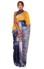 Load image into Gallery viewer, Pure Batik Painted Handloom Linen with Silver Zari Border &amp; Shibori Anchal  (Yellow)
