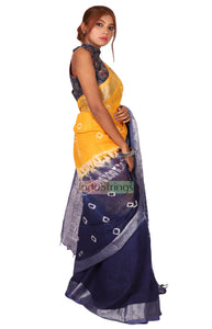 Pure Batik Painted Handloom Linen with Silver Zari Border & Shibori Anchal  (Yellow)