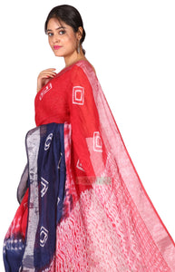 Pure Batik Painted Handloom Linen with Silver Zari Border & Shibori Anchal  (Red)