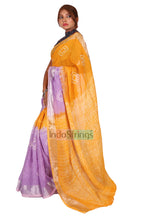 Load image into Gallery viewer, Pure Batik Painted Handloom Linen with Silver Zari Border &amp; Shibori Anchal  (Yellow)
