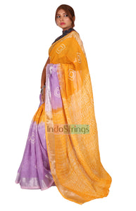 Pure Batik Painted Handloom Linen with Silver Zari Border & Shibori Anchal  (Yellow)
