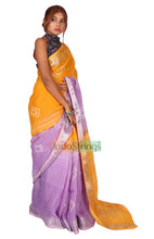 Load image into Gallery viewer, Pure Batik Painted Handloom Linen with Silver Zari Border &amp; Shibori Anchal  (Yellow)
