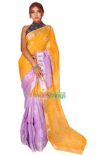 Load image into Gallery viewer, Pure Batik Painted Handloom Linen with Silver Zari Border &amp; Shibori Anchal  (Yellow)
