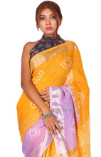 Load image into Gallery viewer, Pure Batik Painted Handloom Linen with Silver Zari Border &amp; Shibori Anchal  (Yellow)

