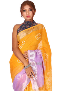 Pure Batik Painted Handloom Linen with Silver Zari Border & Shibori Anchal  (Yellow)