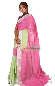 Pure Batik Painted Handloom Linen with Silver Zari Border(Baby Pink)