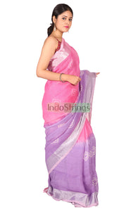 Pure Batik Painted Handloom Linen with Silver Zari Border (Baby Pink)