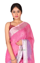 Load image into Gallery viewer, Pure Batik Painted Handloom Linen with Silver Zari Border (Baby Pink)
