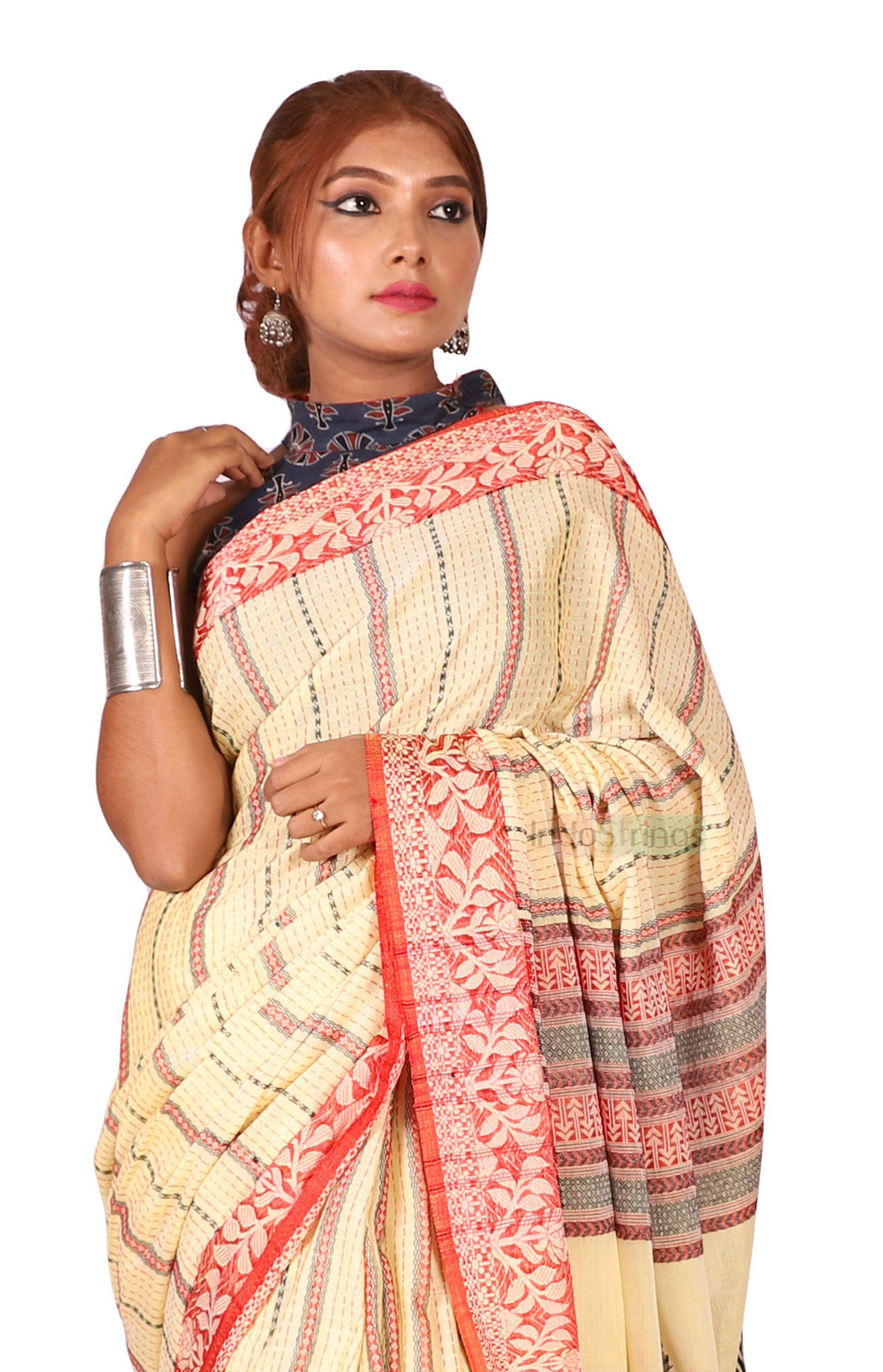 Tiyasha- Kantha Stitch Rich Cotton Saree (Light Yellow)
