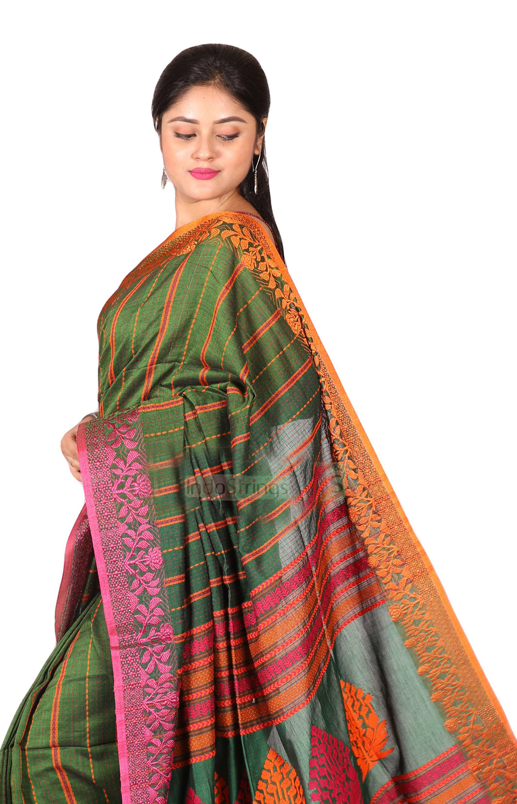 Titas- Kantha Stitch Rich Cotton Saree (Green)