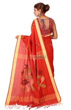 Load image into Gallery viewer, Dharani- Pure Cotton Thread Work &amp; Zari Paar Saree (Orangish Red)
