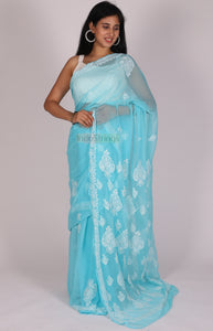 Aasma- Blue Handwoven Chikankari Design On Rich Georgette Saree