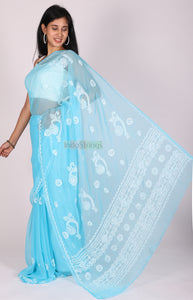 Gagana- Sky Blue Handwoven Chikankari Design On Rich Georgette Saree