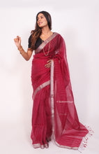 Load image into Gallery viewer, Translucent Silk cotton with linear thread work - Maroon

