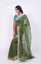 Load image into Gallery viewer, Translucent Silk cotton with linear thread work - Dark Olive Green
