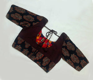 Ajrakh Blouse With Sleeve - Dark Maroon