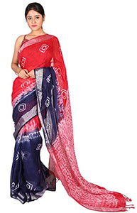 Pure Batik Painted Handloom Linen with Silver Zari Border & Shibori Anchal  (Red)