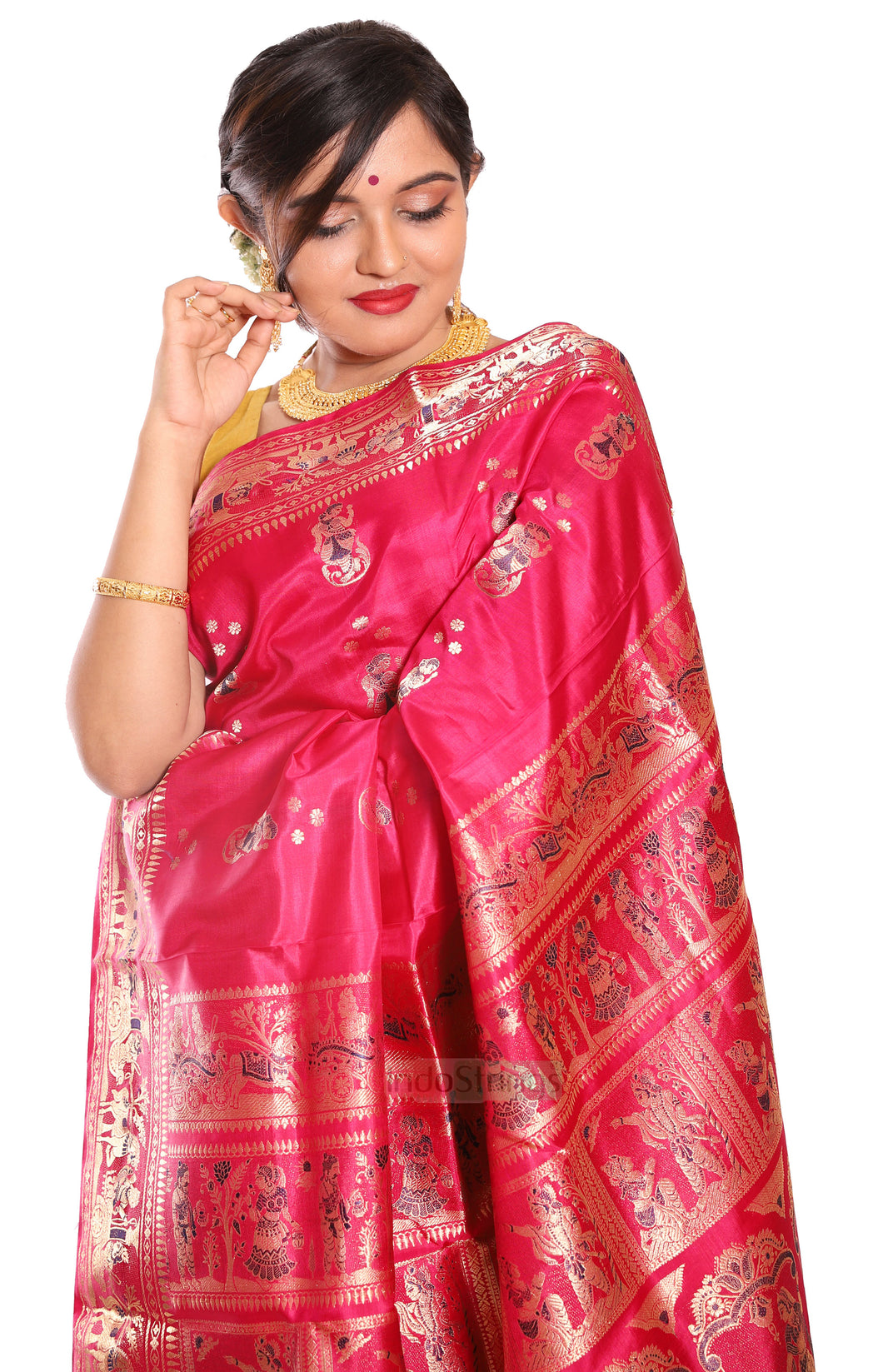 Bishnupur Swarnachari Pure Silk Saree (Dark Pink)