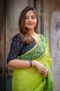 Cutwork - Lime Green Designer Linen Saree