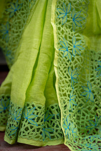 Cutwork - Lime Green Designer Linen Saree