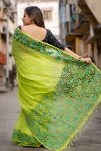 Load image into Gallery viewer, Cutwork - Lime Green Designer Linen Saree
