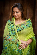 Load image into Gallery viewer, Cutwork - Lime Green Designer Linen Saree
