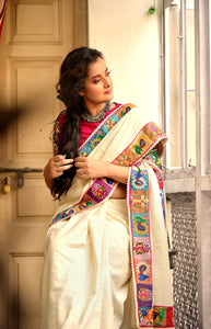 Off-white Muslin with Kachhi work Border and Crocia Lace Designer Saree