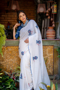 Haluum - A Designer White Cotton Saree with Lion Motifs